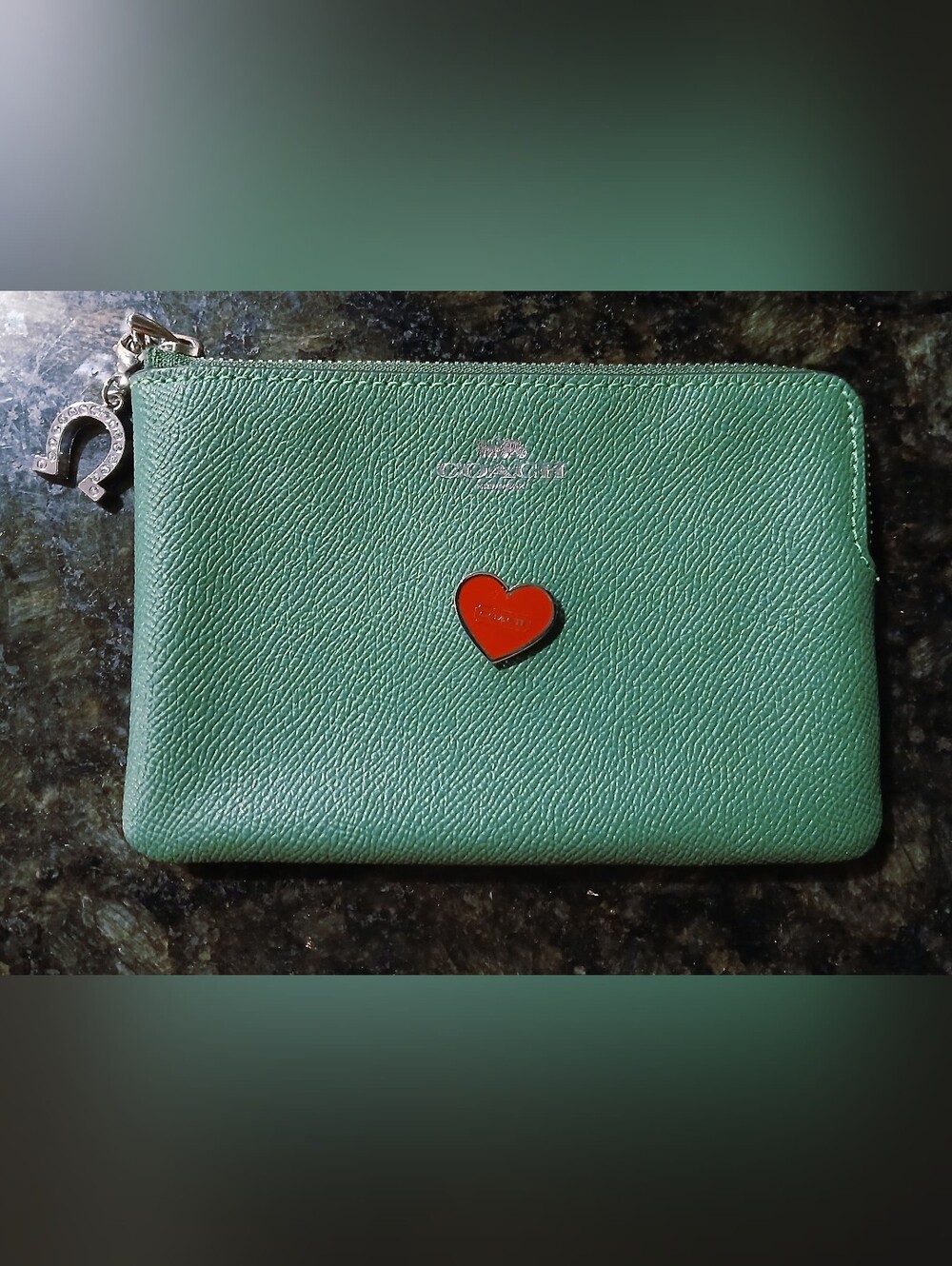 COACH Green Zipper Wallet With COACH Heart Pin